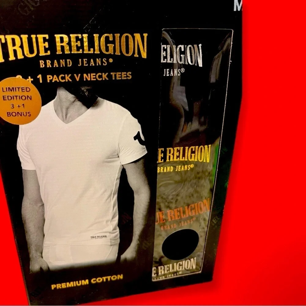 Four True Religion Limited Edition Black Logo V-Neck Tees (4)